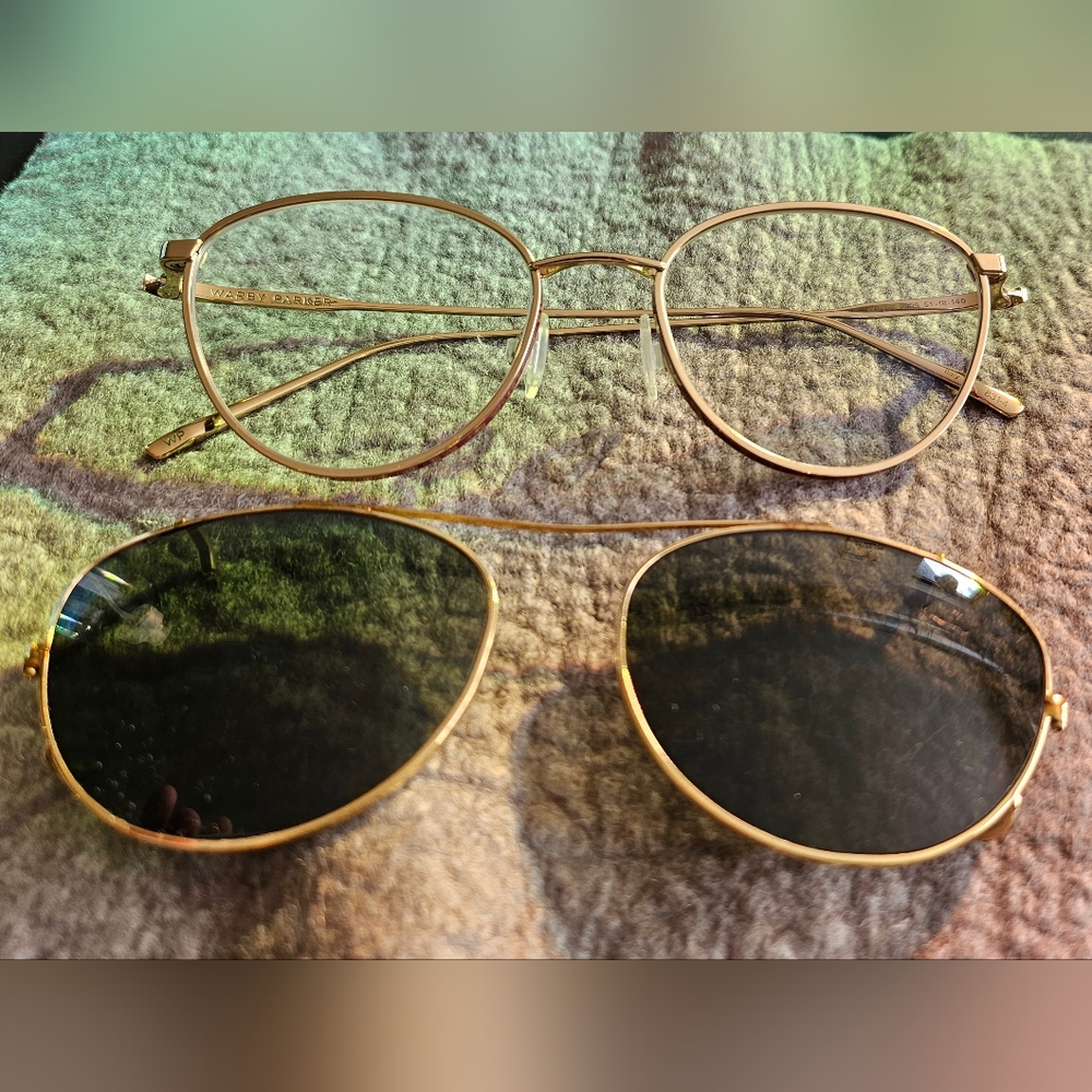 Warby Parker Elise with sun tint clip Rx glasses gold eyeglasses sunglasses